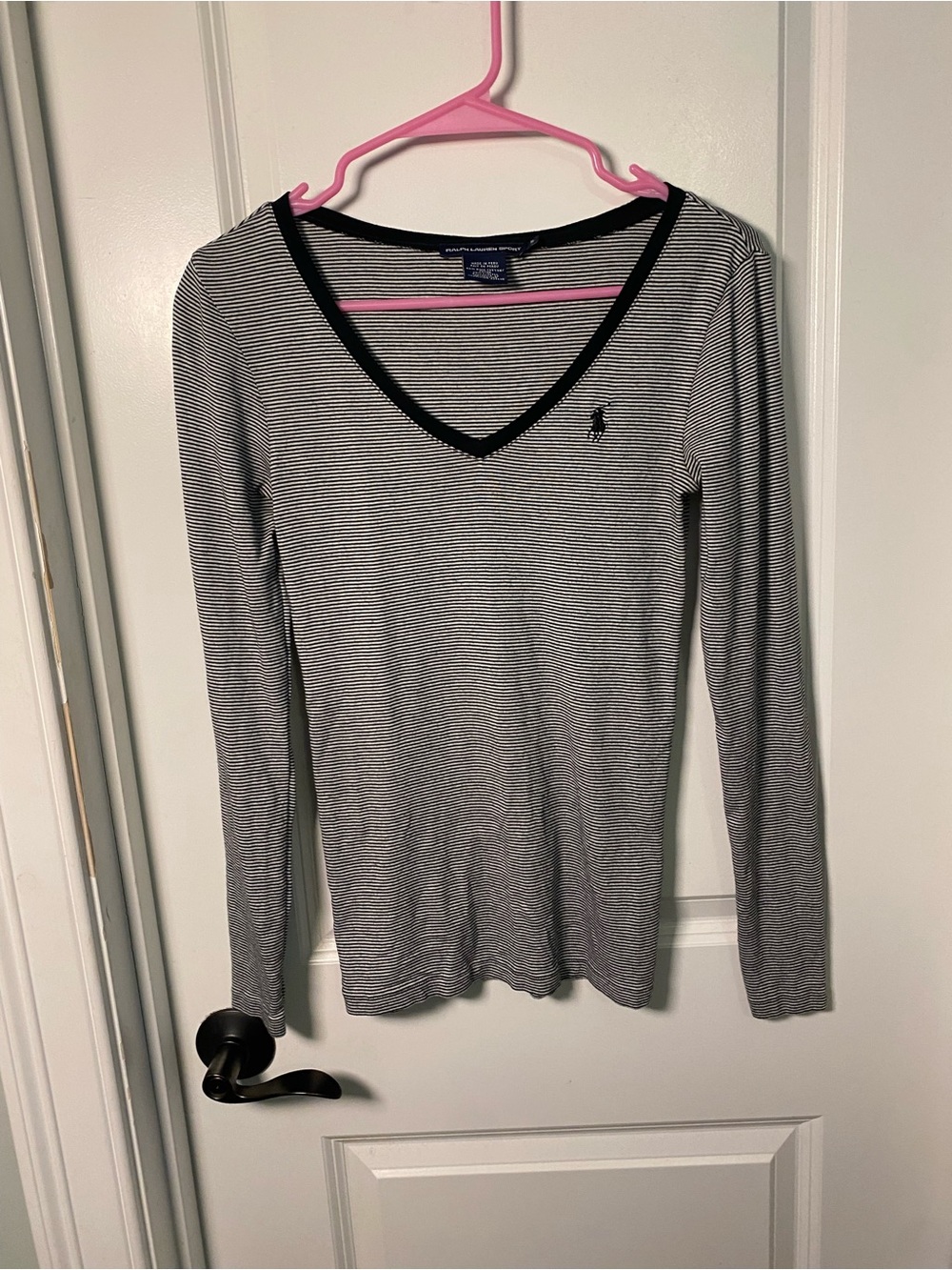 Ralph Lauren Sport Black & White Striped V-Neck Long Sleeve Tee
